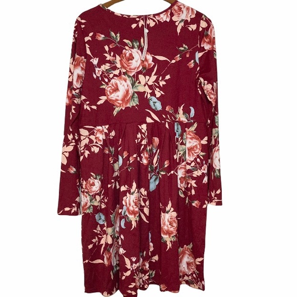 Floral Long Sleeve Pleated Round Neck Midi Dress L - Picture 4 of 7